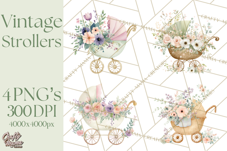 Baby Shower Clipart, Vintage Stroller Png Watercolor