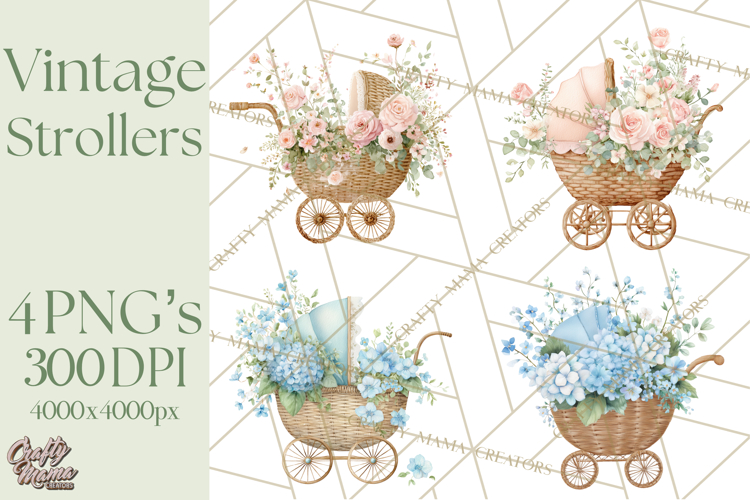 Baby Shower Clipart, Vintage Stroller Png Watercolor