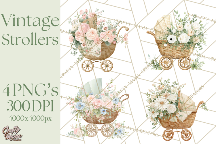 Baby Shower Clipart, Vintage Stroller Png Watercolor