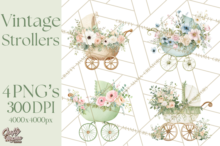 Baby Shower Clipart, Vintage Stroller Png Watercolor