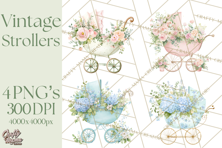 Baby Shower Clipart, Vintage Stroller Png Watercolor
