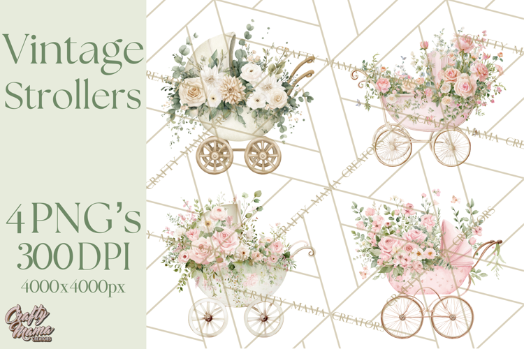 Baby Shower Clipart, Vintage Stroller Png Watercolor