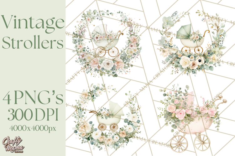 Baby Shower Clipart, Vintage Stroller Png Watercolor