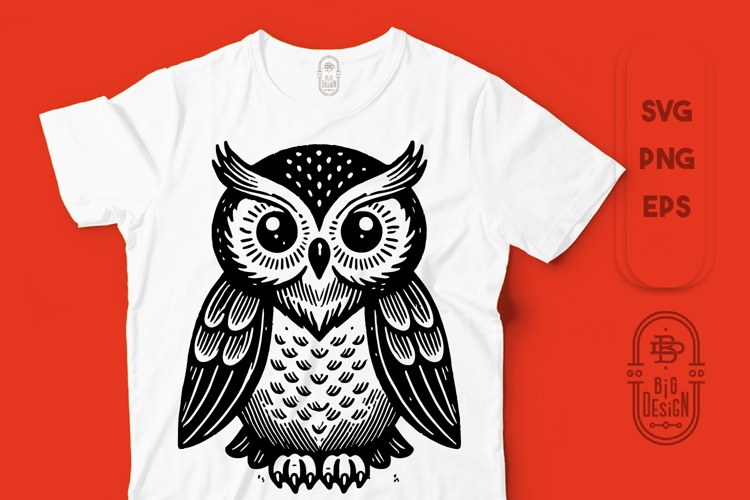 Vintage style black & white illustration of a Cute Owl