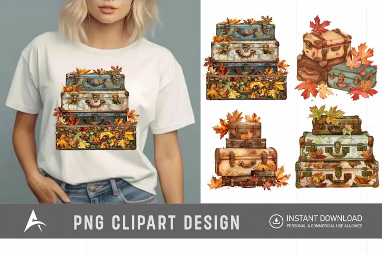 Vintage Suitcases with Autumn Leaves Clipart