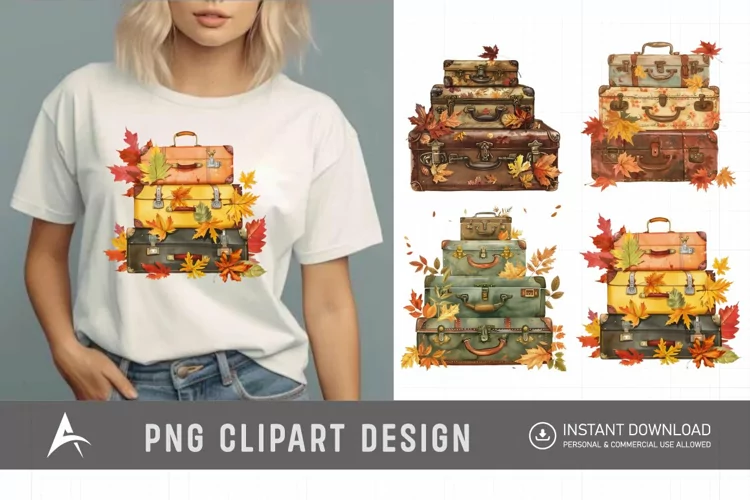 Vintage Suitcases with Autumn Leaves Clipart