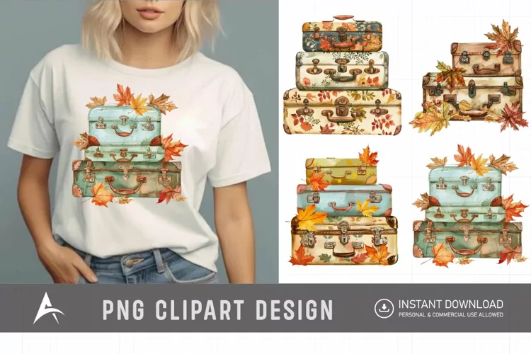 Vintage Suitcases with Autumn Leaves Clipart