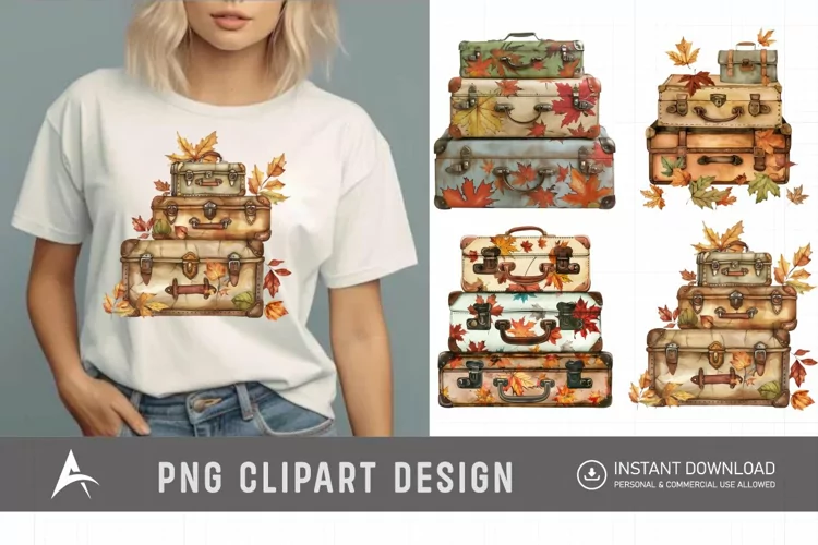 Vintage Suitcases with Autumn Leaves Clipart