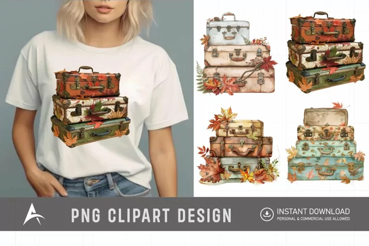 Vintage Suitcases with Autumn Leaves Clipart