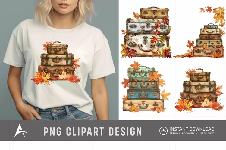 Vintage Suitcases with Autumn Leaves Clipart