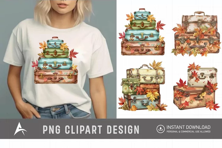 Vintage Suitcases with Autumn Leaves Clipart