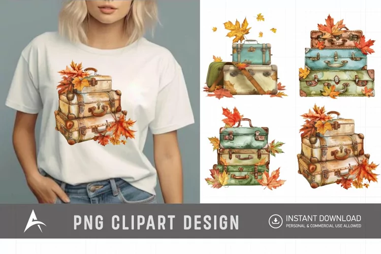 Vintage Suitcases with Autumn Leaves Clipart