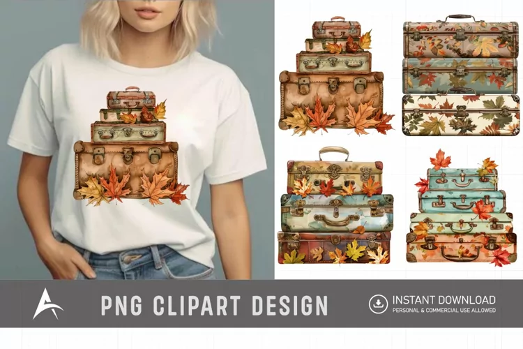 Vintage Suitcases with Autumn Leaves Clipart