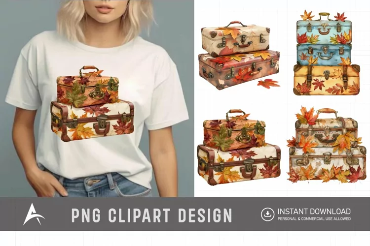 Vintage Suitcases with Autumn Leaves Clipart