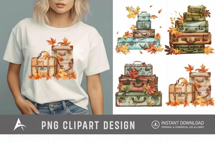 Vintage Suitcases with Autumn Leaves Clipart
