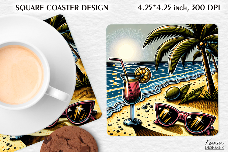 Vintage Summer Vibes Square Coaster|Palm|Retro Beach|Ocean