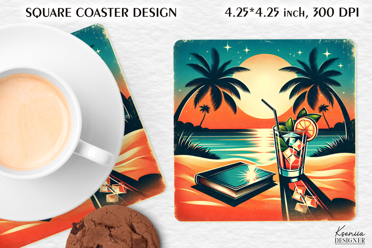 Vintage Summer Vibes Square Coaster|Palm|Retro Beach|Ocean