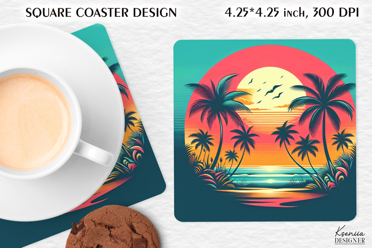 Vintage Summer Vibes Square Coaster|Palm|Retro Beach|Ocean