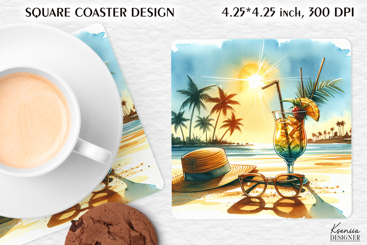 Vintage Summer Vibes Square Coaster|Palm|Retro Beach|Ocean