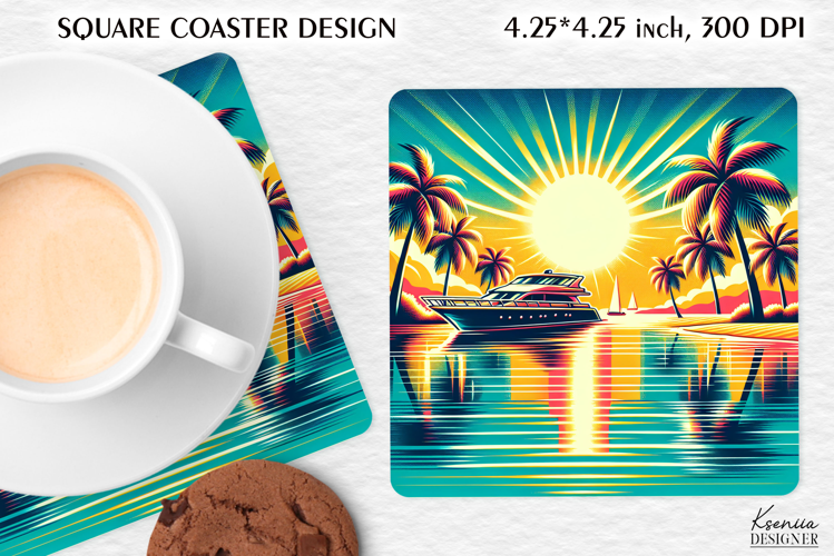 Vintage Summer Vibes Square Coaster|Palm|Retro Beach|Ocean