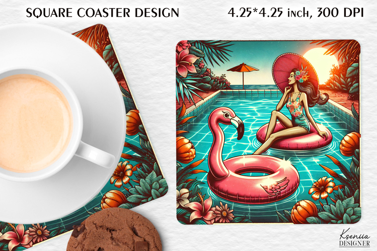 Vintage Summer Vibes Square Coaster|Palm|Retro Beach|Ocean