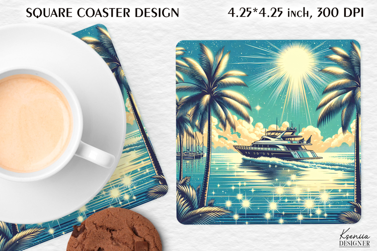 Vintage Summer Vibes Square Coaster|Palm|Retro Beach|Ocean