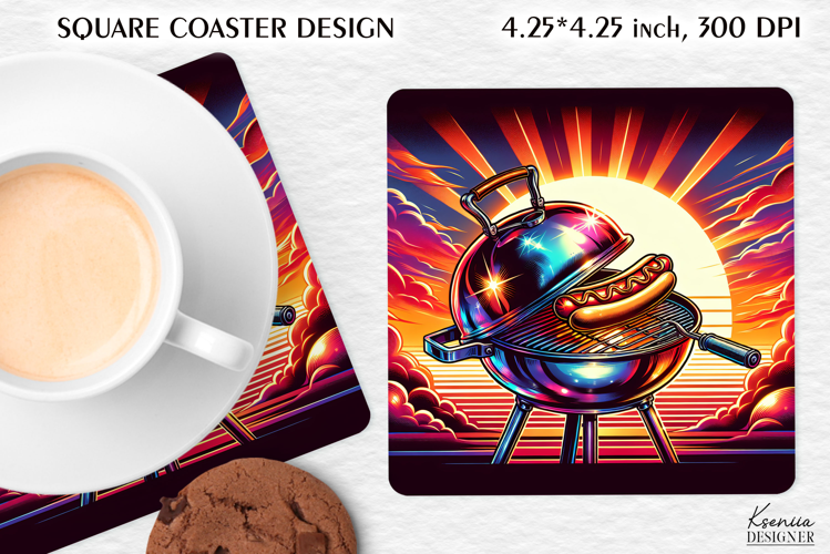 Vintage Grill Square Coaster| Barbeque Illustration