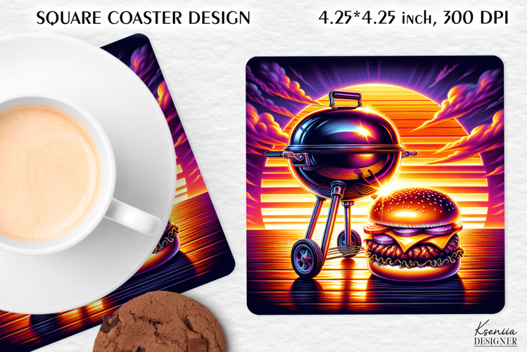 Vintage Grill Square Coaster| Barbeque Illustration