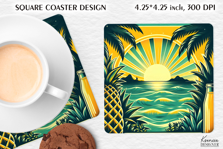 Vintage Summer Vibes Square Coaster|Palm|Retro Beach|Fruit