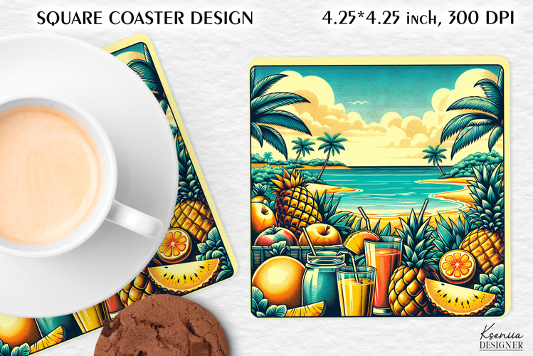 Vintage Summer Vibes Square Coaster|Palm|Retro Beach|Fruit
