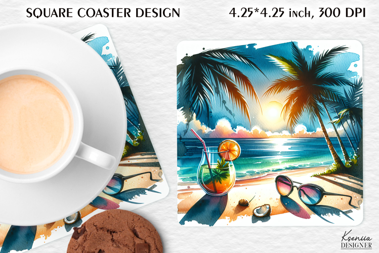 Vintage Summer Vibes Square Coaster|Palm|Retro Beach|Ocean