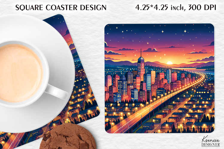 Vintage Night City Square Coaster|Comic Book Sunset