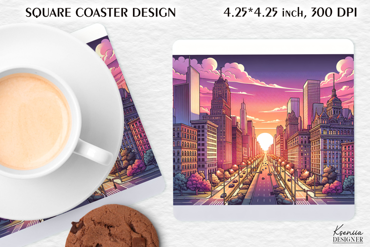 Vintage Night City Square Coaster|Comic Book Sunset