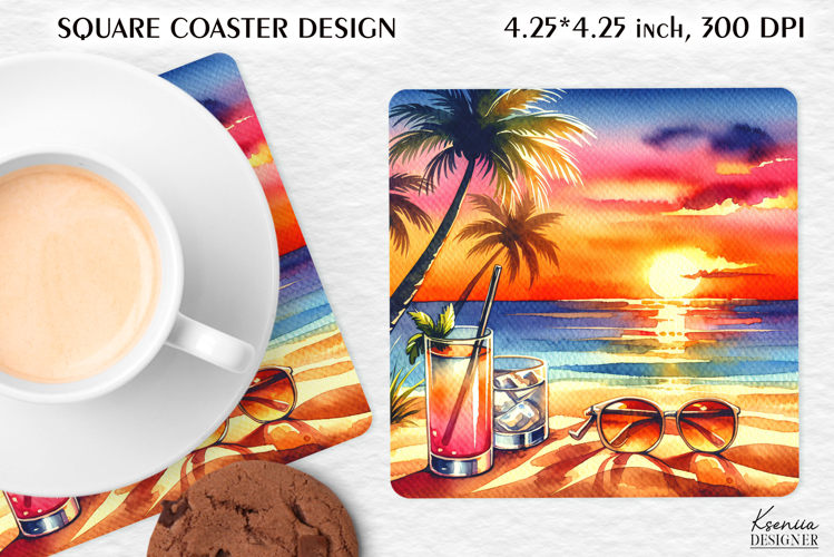 Vintage Summer Vibes Square Coaster|Palm|Retro Beach|Ocean