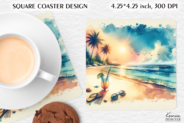 Vintage Summer Vibes Square Coaster|Palm|Retro Beach|Ocean