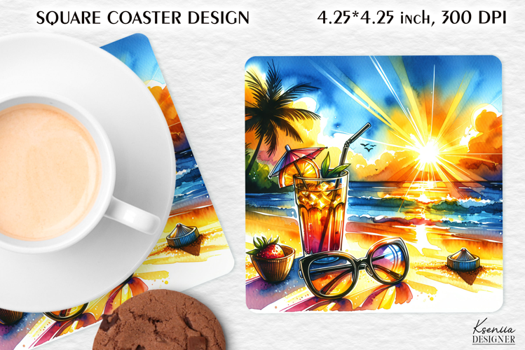 Vintage Summer Vibes Square Coaster|Palm|Retro Beach|Ocean