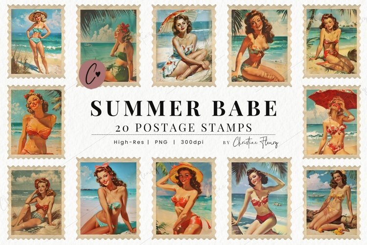 Vintage Summer Babe Postage Stamps | Pin-Up Girl PNG example image 1