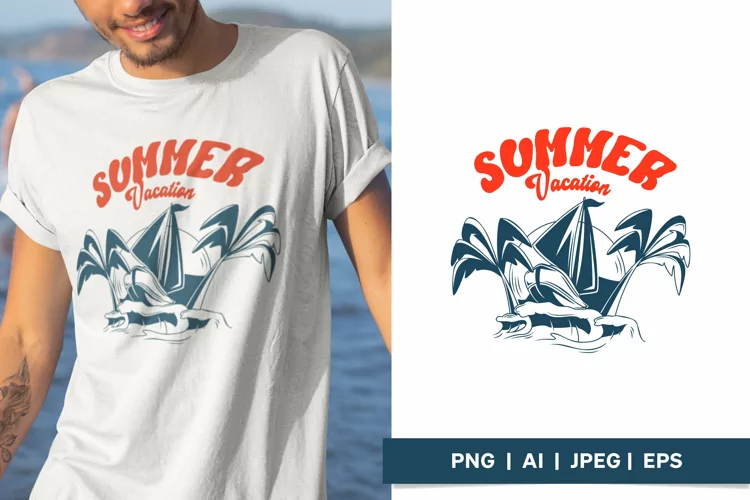 Summer Vacation Text with Sailboat and Palm Trees Design