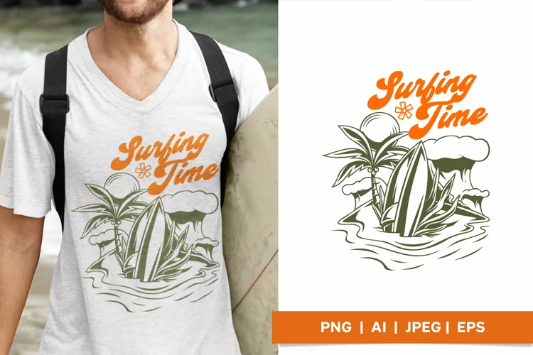 Surfing Time, Summer Beach Scenery in Vintage Style Design