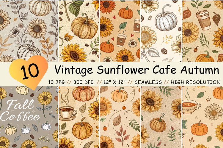 Vintage Sunflower Cafe Autumn Seamless Pattern