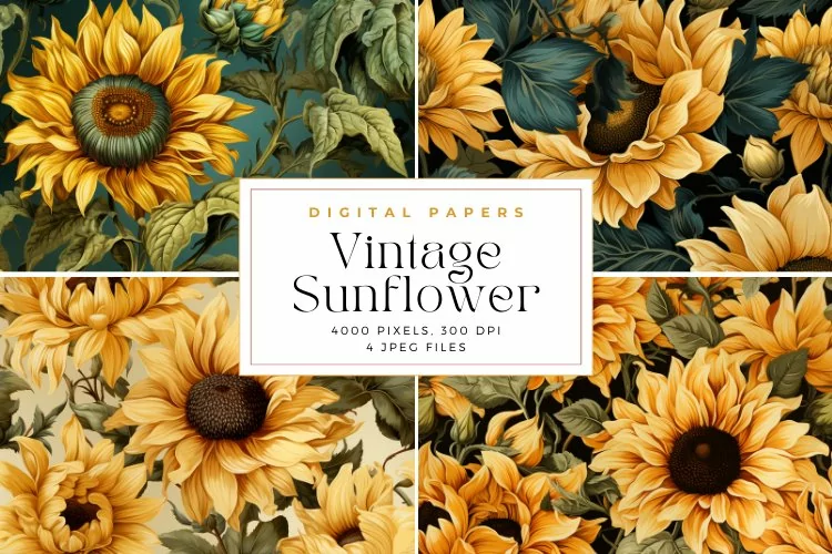 4 Vintage Sunflower Pattern Background