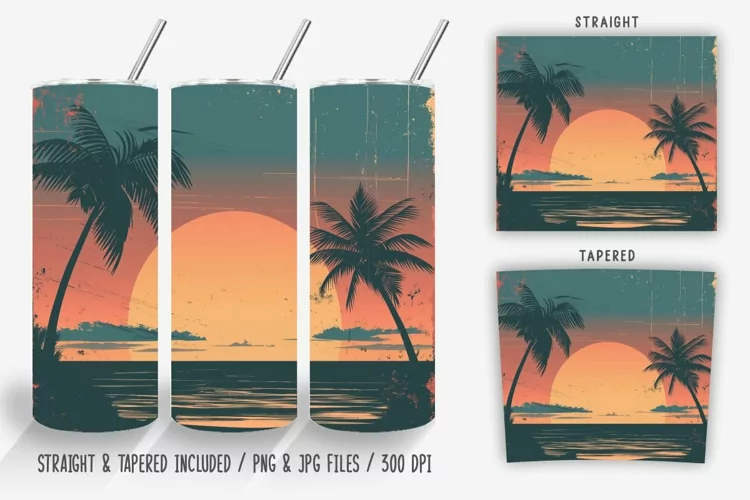Vintage Sunset Beach Tumbler Wrap PNG
