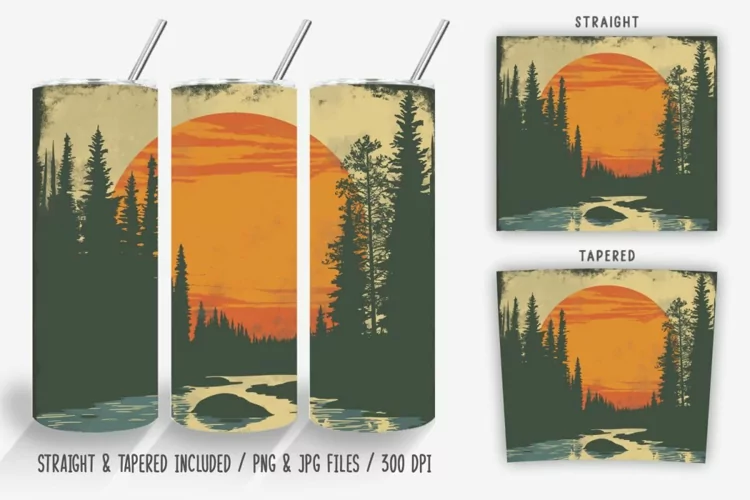 Vintage Sunset River Tumbler Wrap PNG