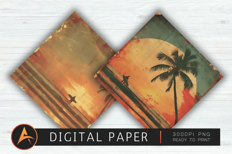Vintage Surfing Sunset Scrapbook Paper