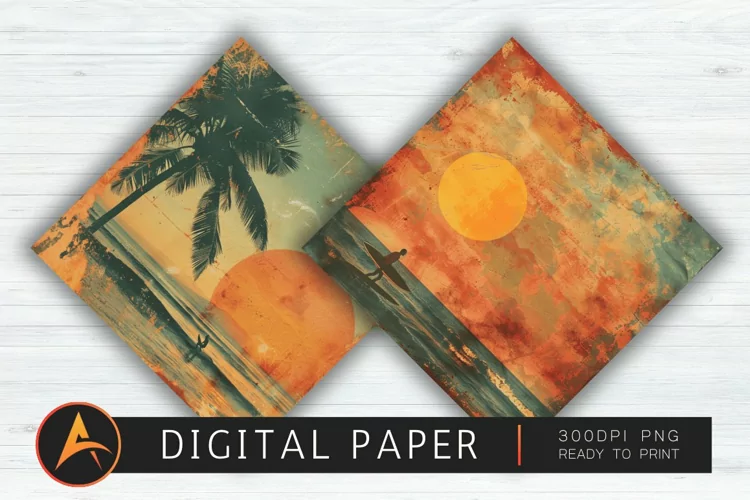 Vintage Surfing Sunset Digital Paper PNG