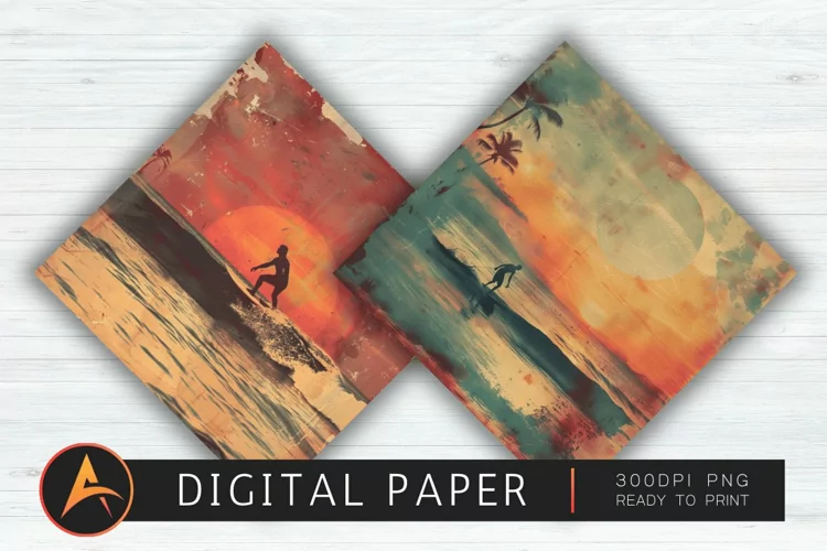 Vintage Surfing Sunset Digital Paper