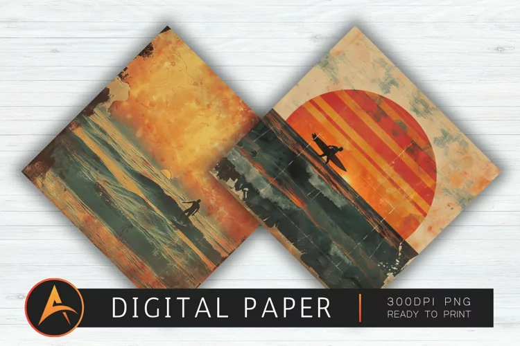 Vintage Surfing Sunset Digital Paper PNG