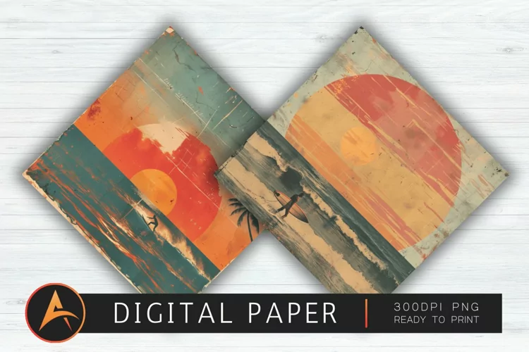 Vintage Surfing Sunset Digital Paper PNG