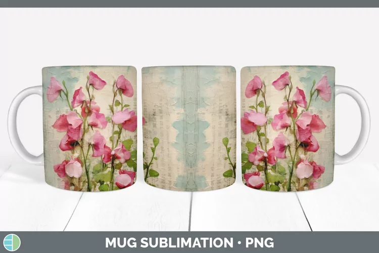Vintage Sweet Pea Flowers Mug Wrap | Sublimation Coffee Cup