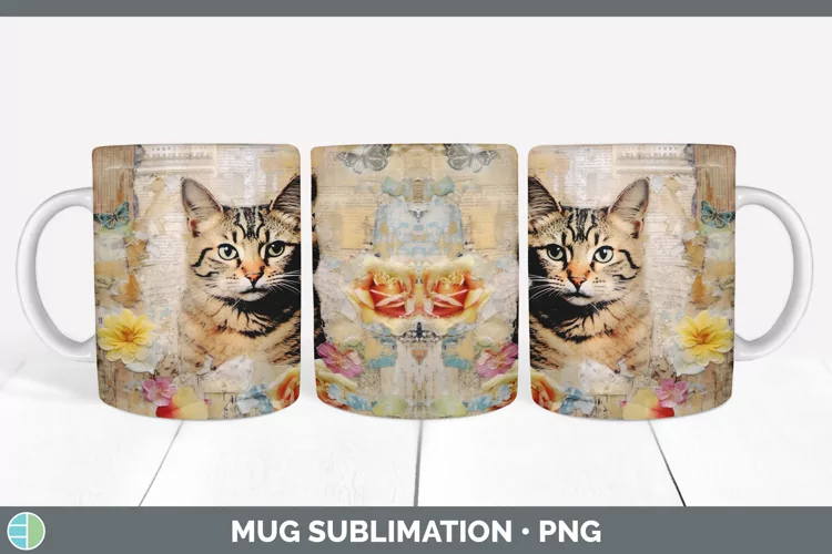 Vintage Tabby Cat Mug Wrap | Sublimation Coffee Cup Designs